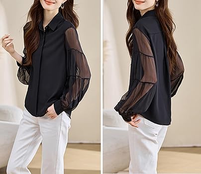 【透け感有り】カッコいいシフォンシャツ シャツブラウス 長袖シフォン トップス フォーマル ワイシャツ